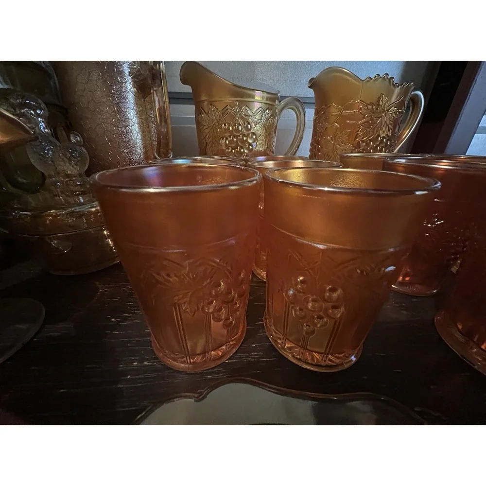 Northwood Grape and Gothic Arches Marigold Carnival 7pc Pitcher Set  c.1914